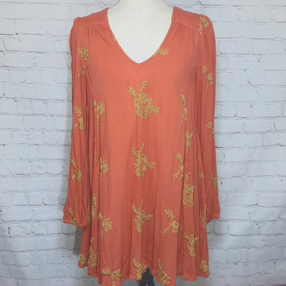 Free People Burnt Orange Embroidered Austin Mini Dress